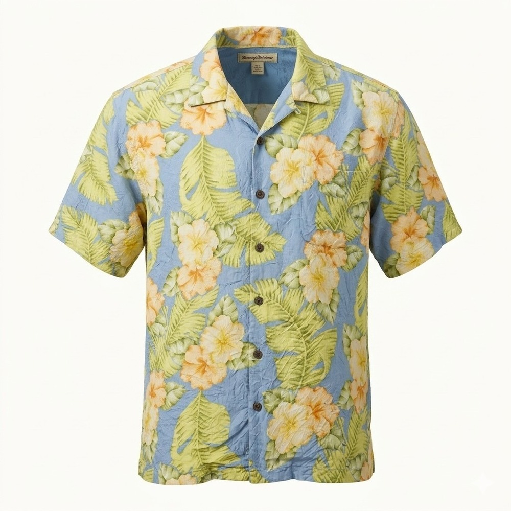 Tommy Bahama Vintage Men's Blue & Green Floral Print Silk Hawaiian Shirt. Size L